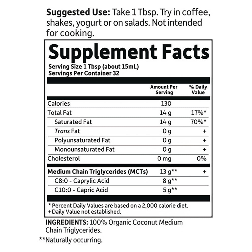 GLF382 | Supplement Facts panel: serving size 1 Tbsp, 130 calories, 14 g total fat, 13 g MCTs; ingredients 100% Organic Coconut MCTs - Thumbnail