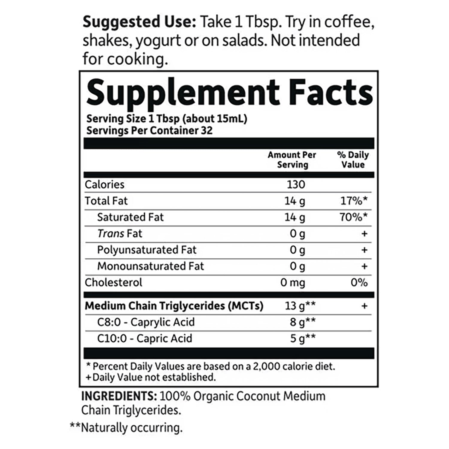 GLF382 | Supplement Facts panel: serving size 1 Tbsp, 130 calories, 14 g total fat, 13 g MCTs; ingredients 100% Organic Coconut MCTs