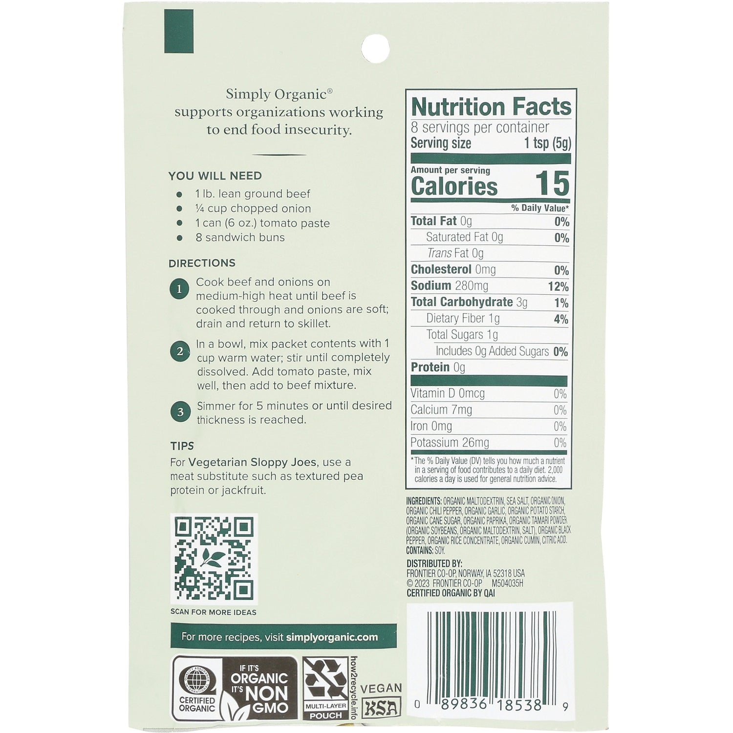 SMP047 | Back of Simply Organic pouch showing Nutrition Facts, directions, ingredients and barcode