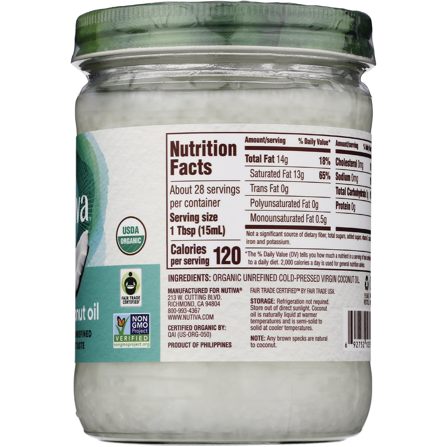 NTV043 | Back of glass jar showing Nutrition Facts, ingredients and USDA Organic and Non-GMO logos