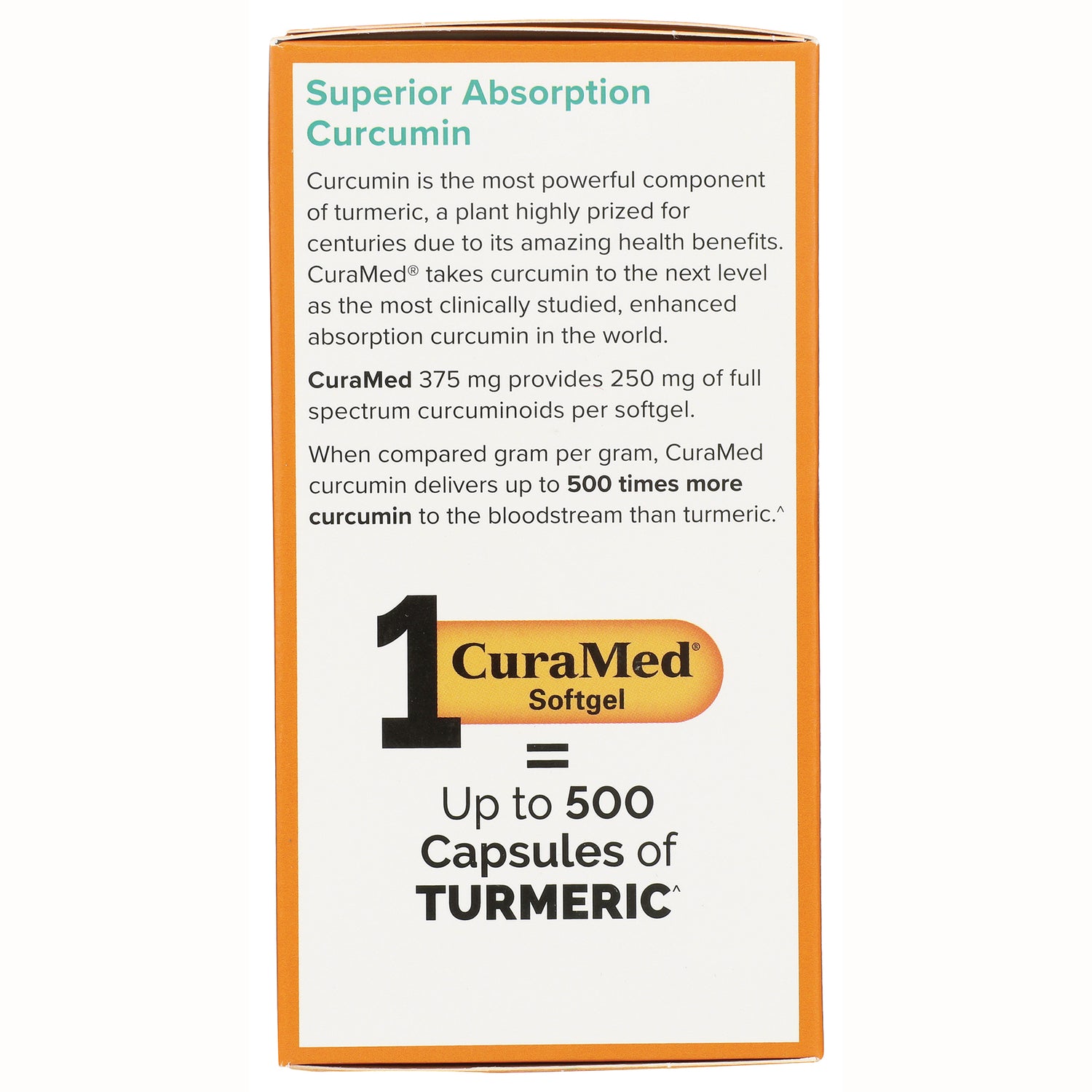 EUR051 | Product infographic showing CuraMed curcumin softgel delivers superior absorption, up to 500 capsules of turmeric equivalent