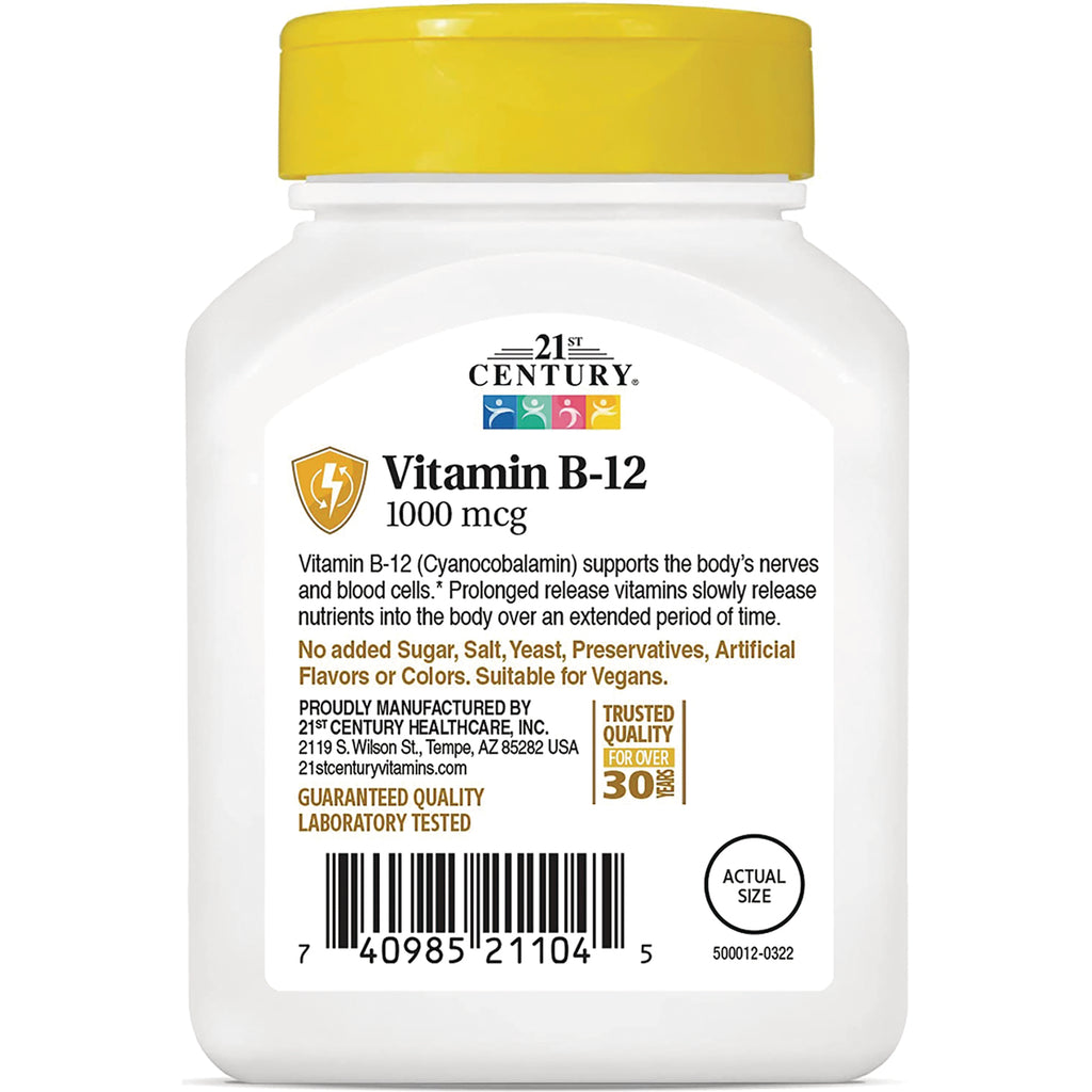 CNT168 | Vitamin B-12 1000 mcg bottle label infographic showing benefits, no added sugar claim, barcode, and actual size mark - Thumbnail