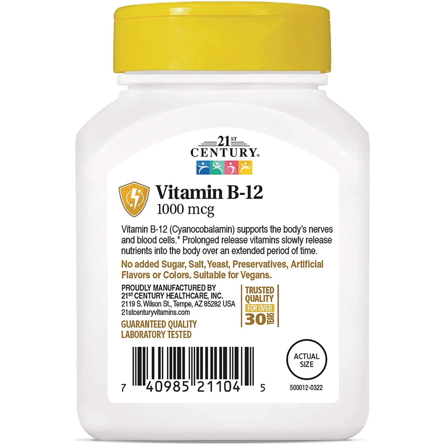 CNT168 | Vitamin B-12 1000 mcg bottle label infographic showing benefits, no added sugar claim, barcode, and actual size mark