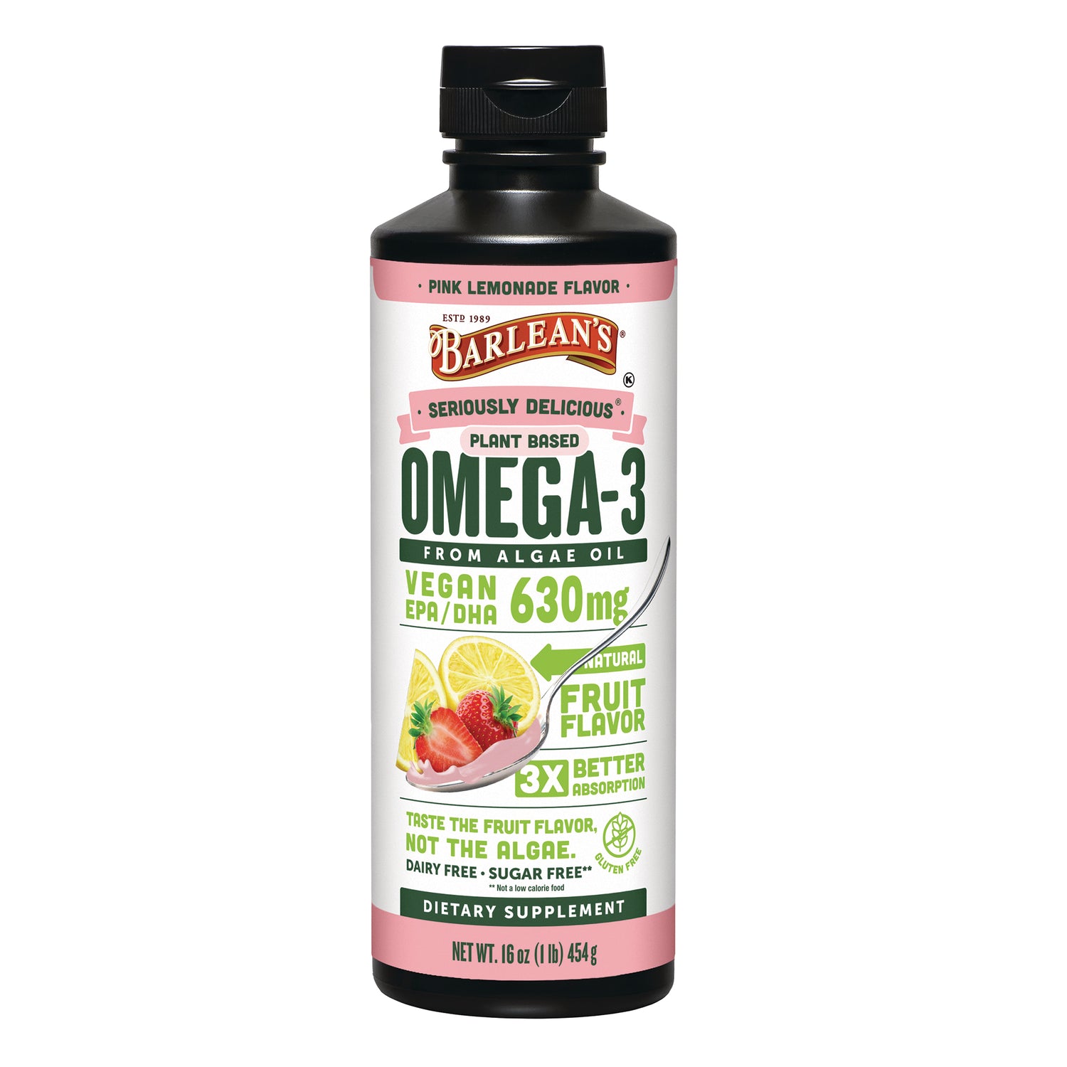 BAR112 | Barlean's Omega-3 plant-based algae oil liquid, pink lemonade fruit flavor bottle, 16 oz dietary supplement