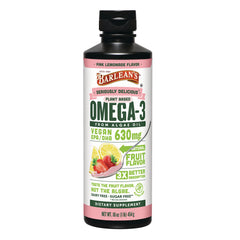 BAR112 | Barlean's Omega-3 plant-based algae oil liquid, pink lemonade fruit flavor bottle, 16 oz dietary supplement