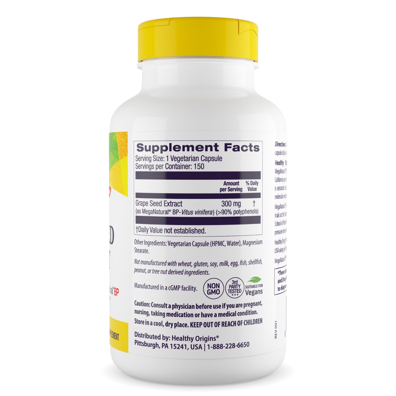 HRG028 | Back label showing Supplement Facts, ingredient list, warnings and certification icons on white bottle with yellow cap