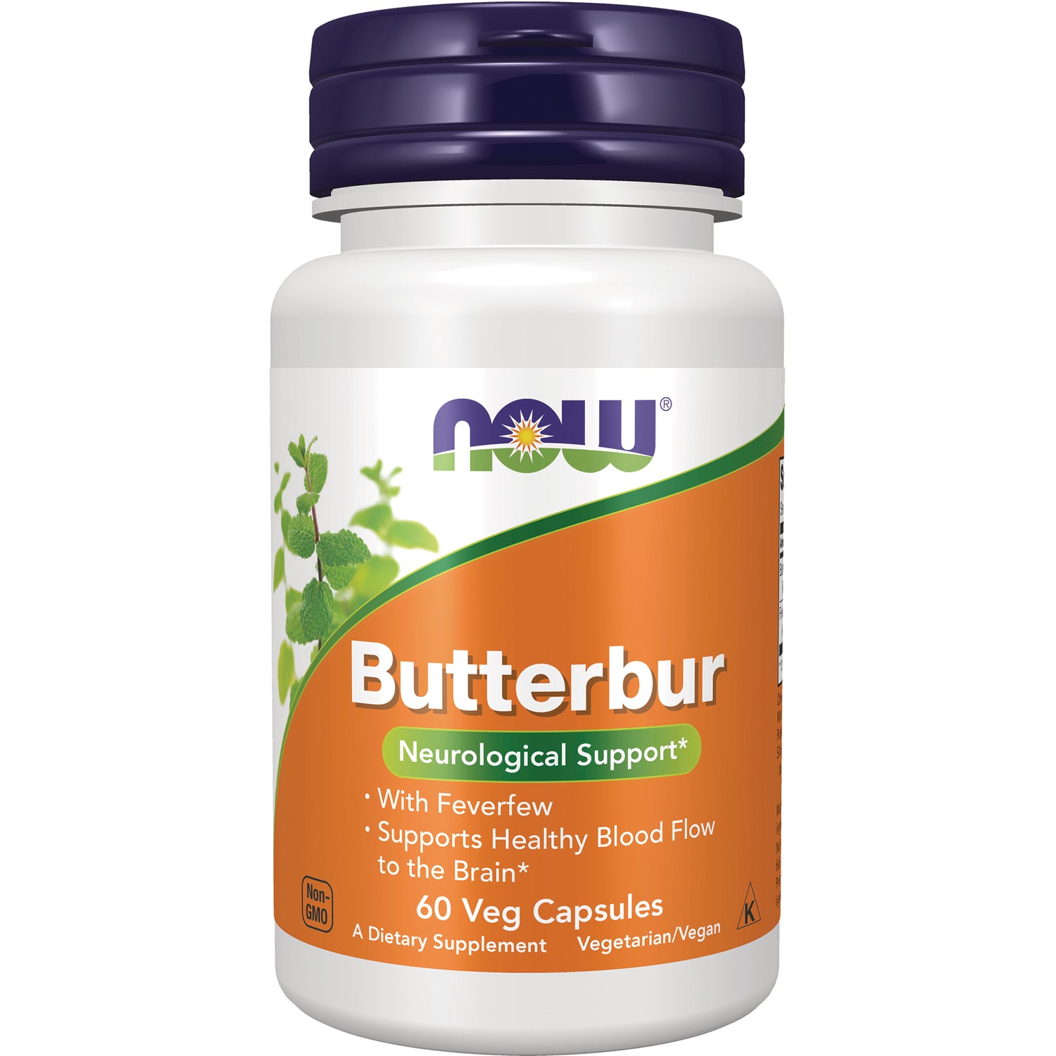 NWF531 | NOW Butterbur supplement bottle with orange label, 60 veg capsules, neurological support