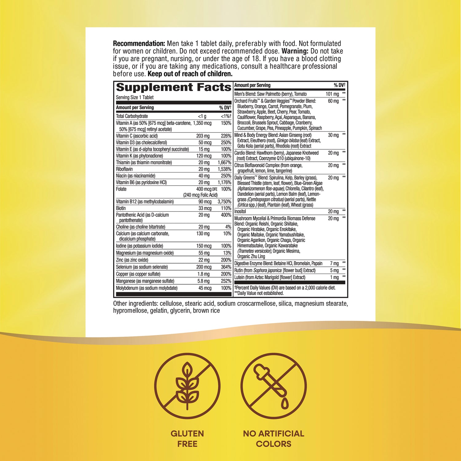 NW1063 | back supplement facts panel and ingredients list above icons labeled GLUTEN FREE and NO ARTIFICIAL COLORS
