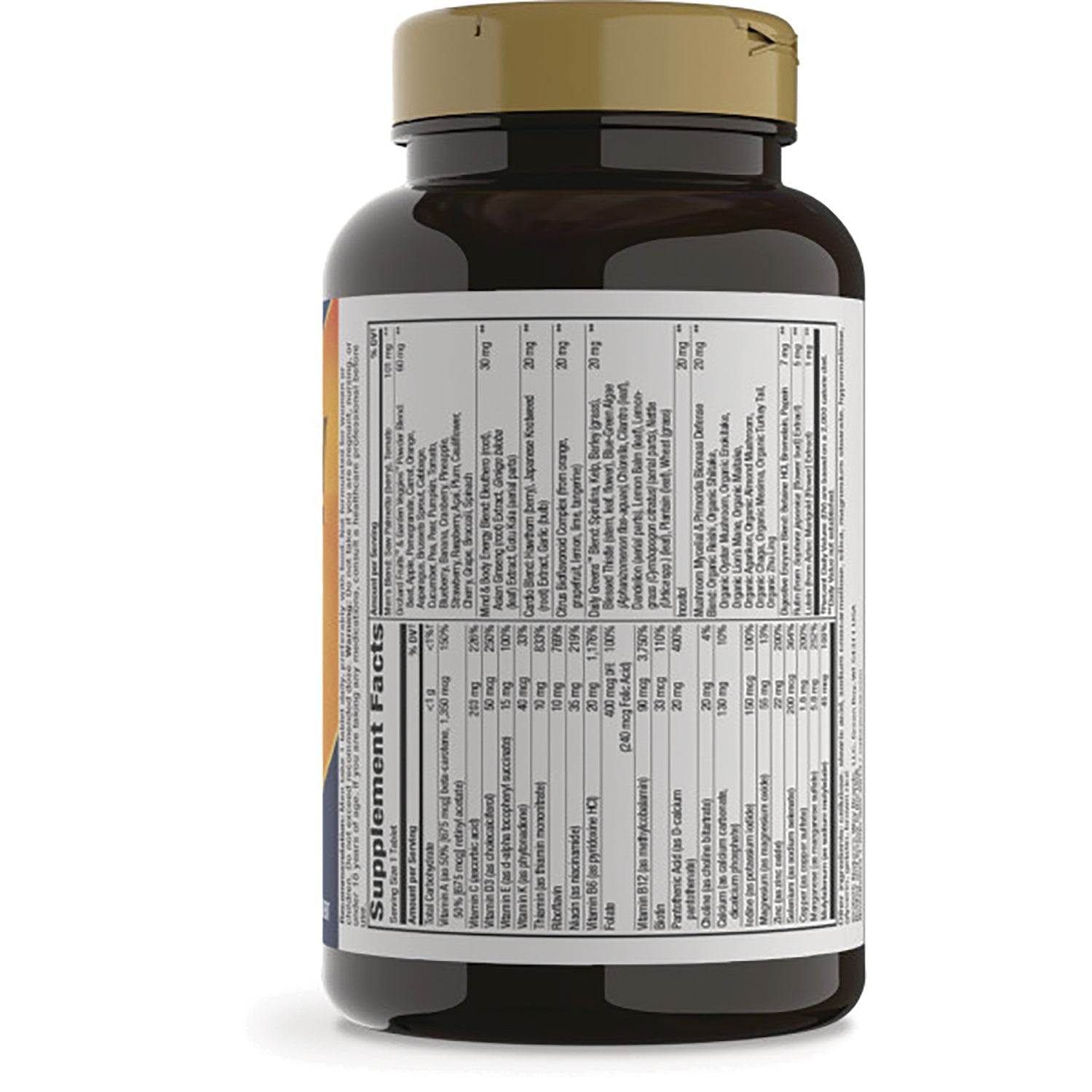 NW1063 | back supplement facts panel and ingredients list above icons labeled GLUTEN FREE and NO ARTIFICIAL COLORS