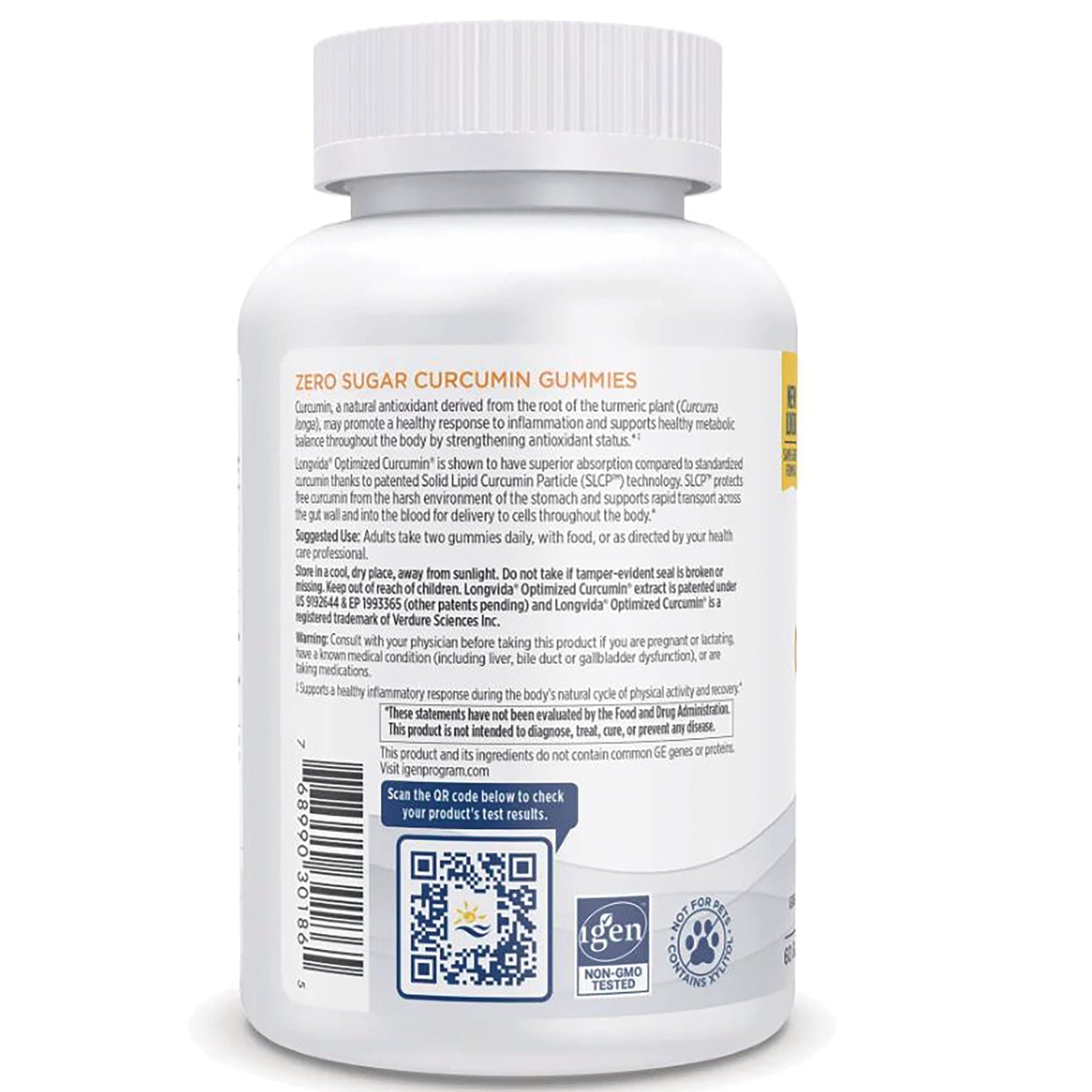 NRN104 | Back label of white supplement bottle showing Zero Sugar Curcumin Gummies heading, ingredient text, barcode and QR code