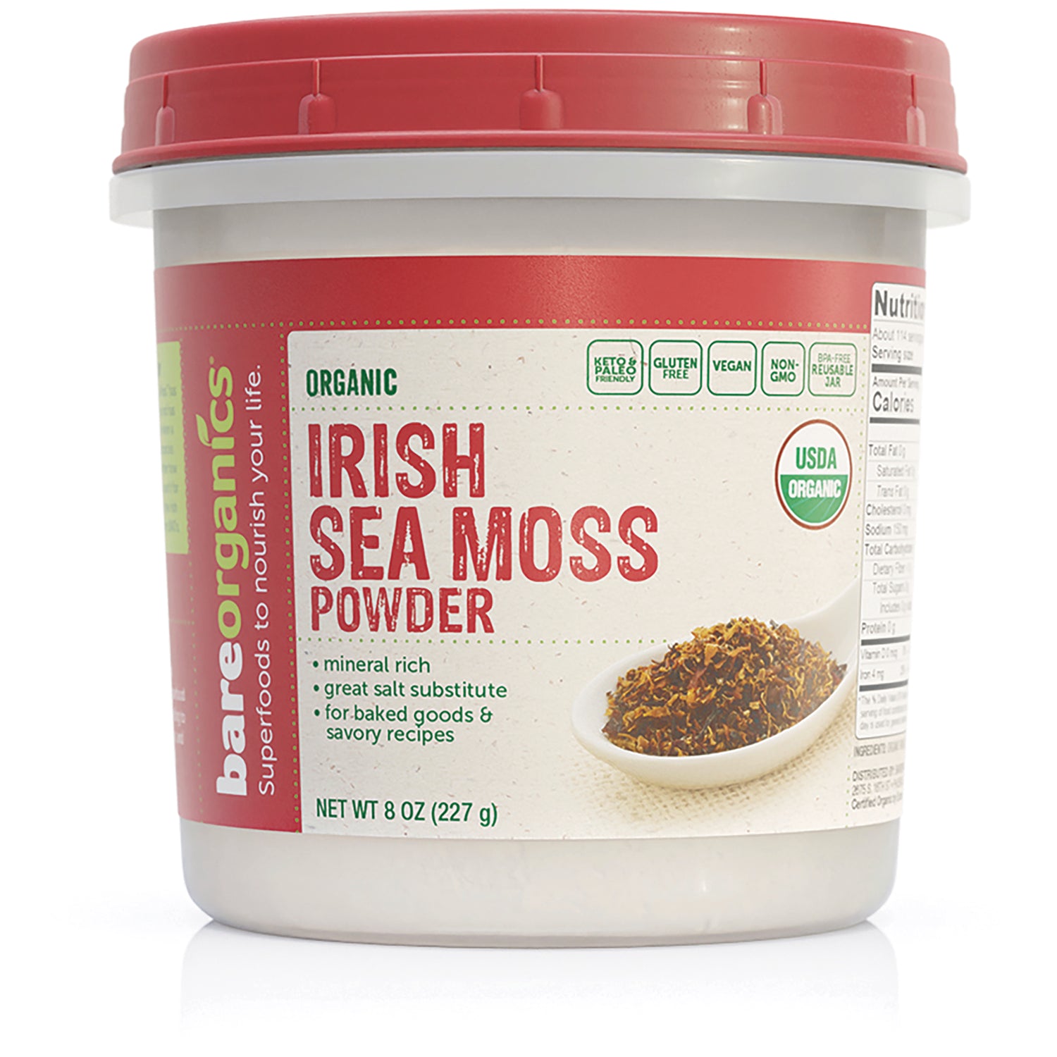 BOR011 | Front view of 8 oz tub of organic Irish sea moss powder with red lid and bowl of sea moss on label