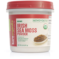 BOR011 | Front view of 8 oz tub of organic Irish sea moss powder with red lid and bowl of sea moss on label