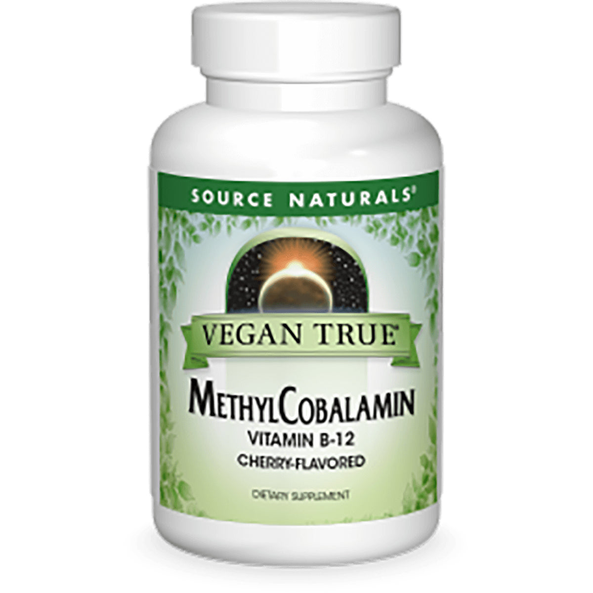SN857 | Source Naturals Vegan True MethylCobalamin Vitamin B-12, Cherry-Flavored dietary supplement bottle