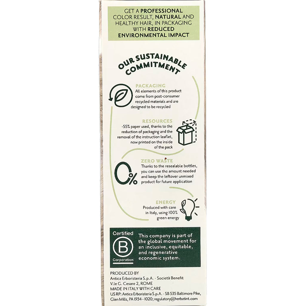 HBT009 | back of box showing Our sustainable commitment text, packaging and zero waste icons, B Corporation badge, produced in Italy - Thumbnail