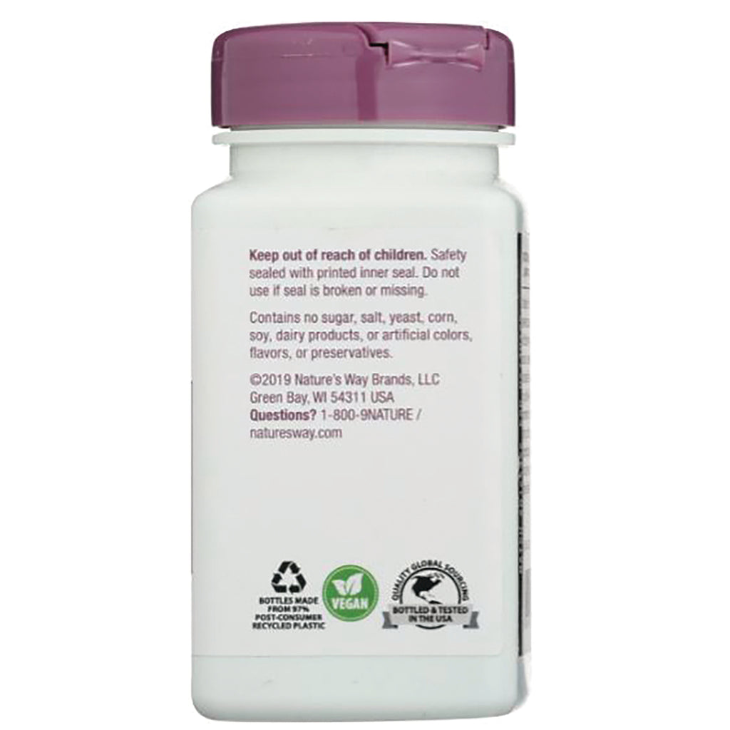 NW079 | Back of white supplement bottle with purple cap showing safety text, vegan and recycling icons, and manufacturer contact info - Thumbnail