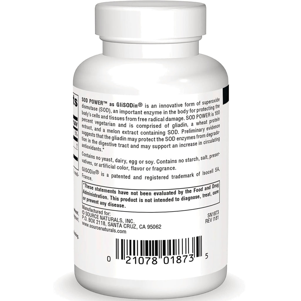SN751 | Back label of Source Naturals SOD Power with GliSODin, ingredient details and barcode - Thumbnail