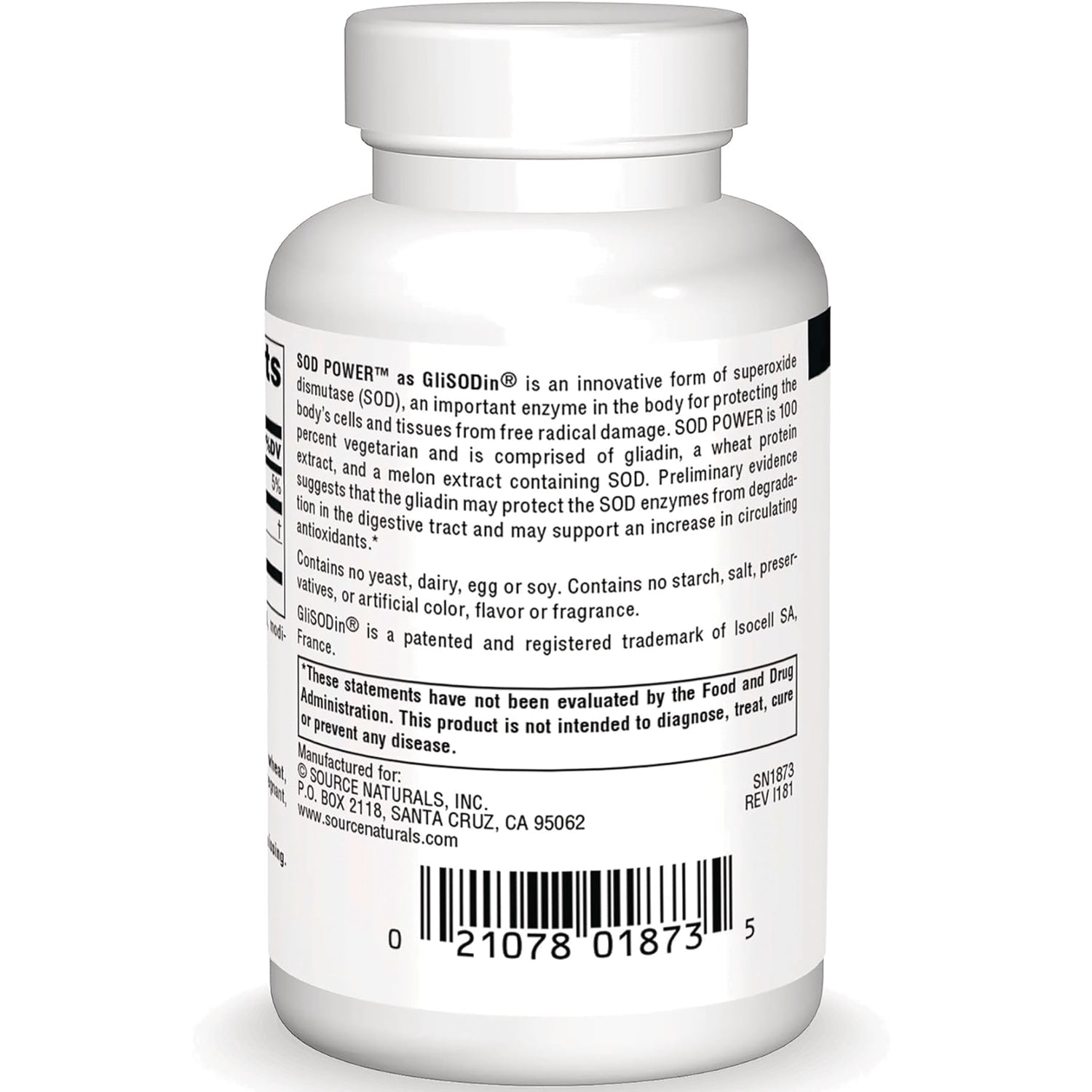 SN751 | Back label of Source Naturals SOD Power with GliSODin, ingredient details and barcode