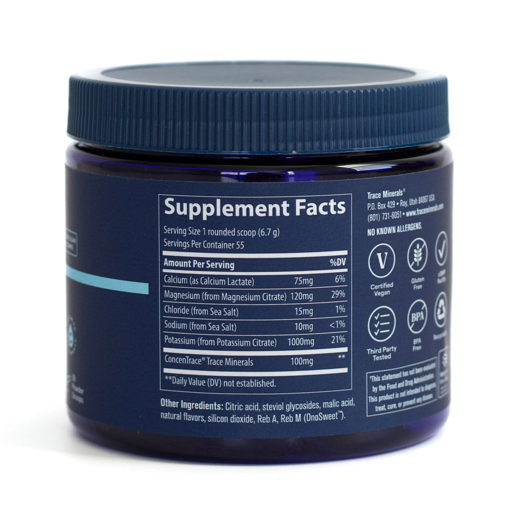 TM100 | Back of Trace Minerals supplement jar showing Supplement Facts panel and certification icons - Thumbnail