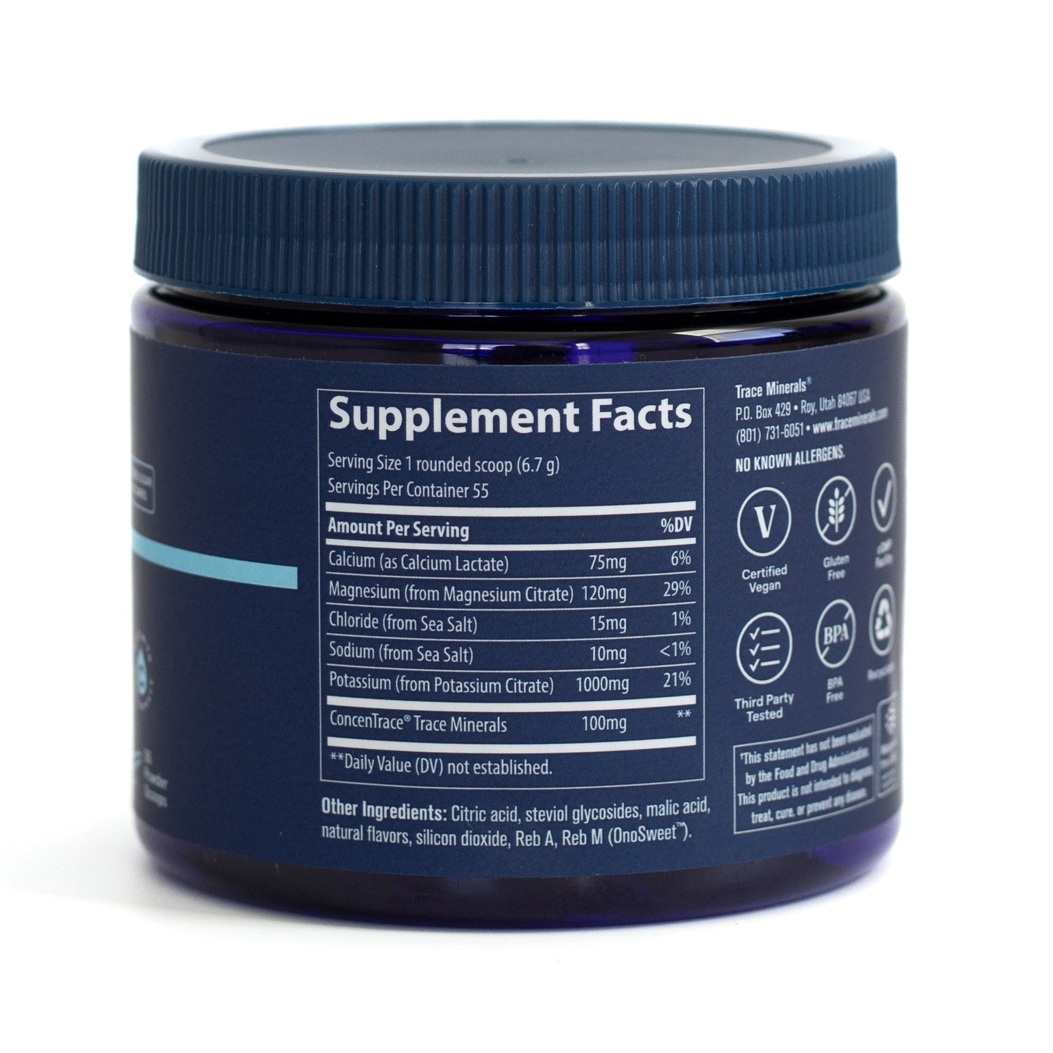 TM100 | Back of Trace Minerals supplement jar showing Supplement Facts panel and certification icons