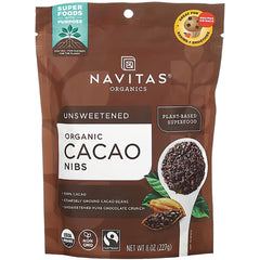 NAV014 | Navitas Organics sweetened organic cacao sweet nibs front pouch with spoon of cacao nibs