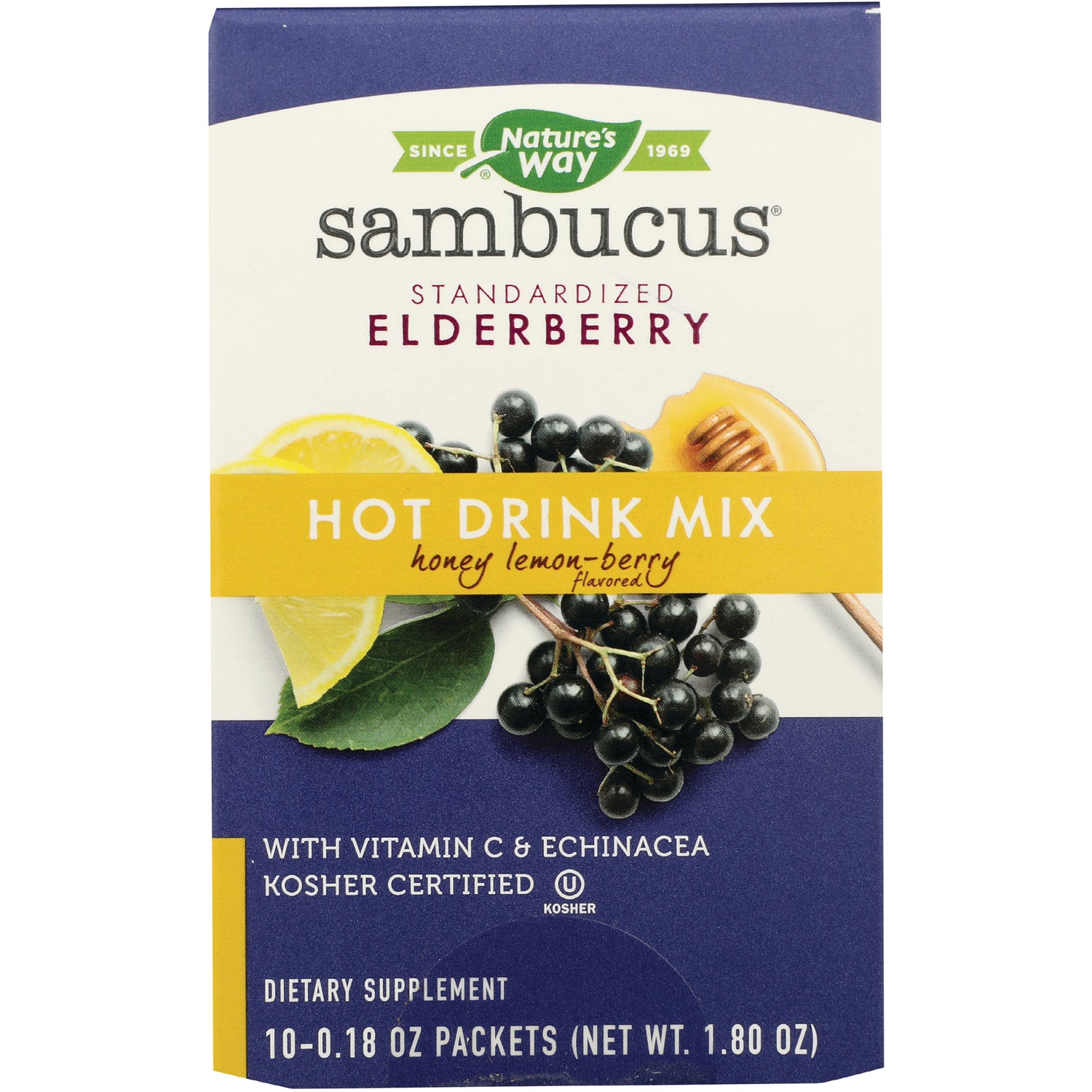 NW986 | Nature's Way Sambucus standardized elderberry hot drink mix honey lemon-berry front packaging
