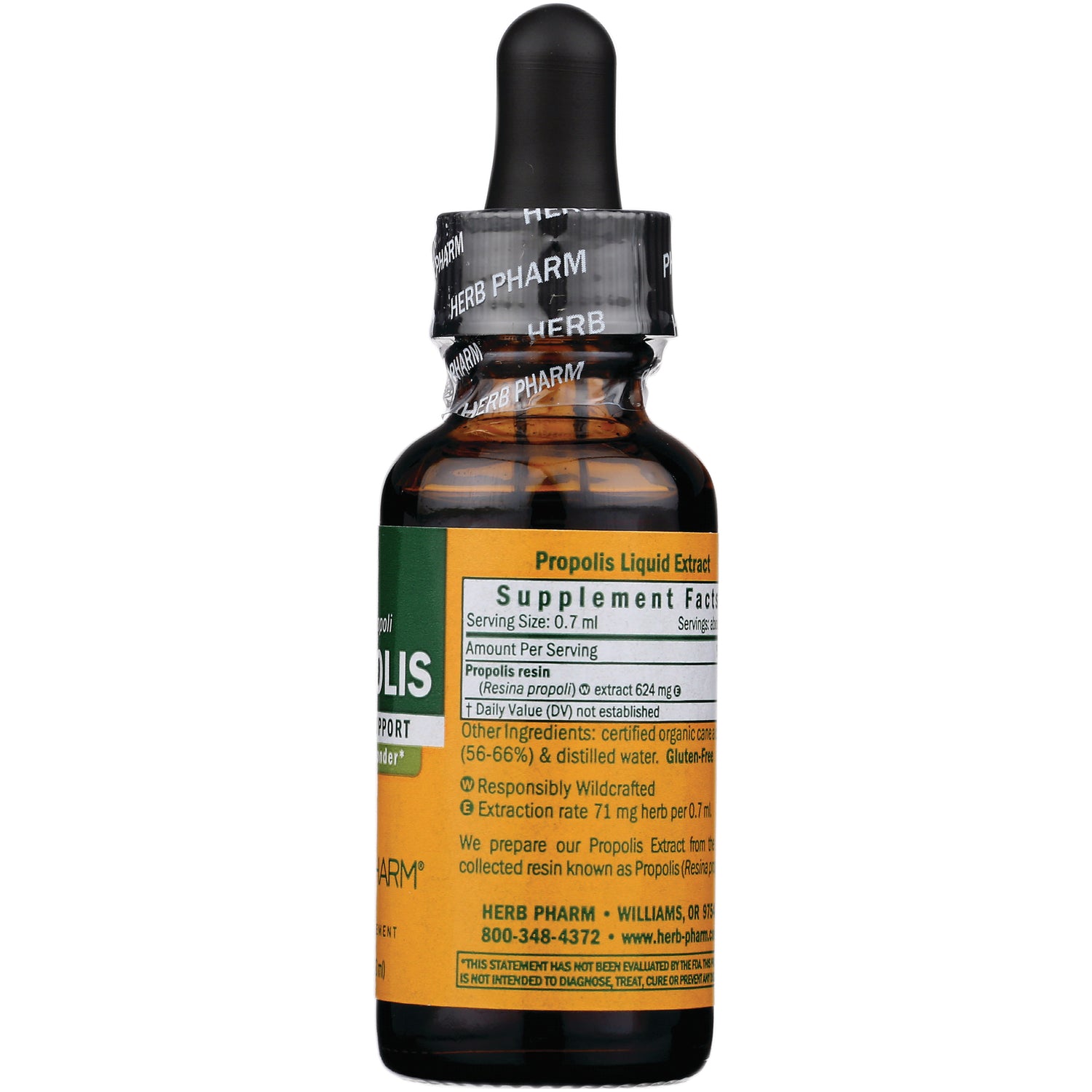 HPH028 | amber dropper bottle back showing Supplement Facts label for Propolis Liquid Extract and ingredient details