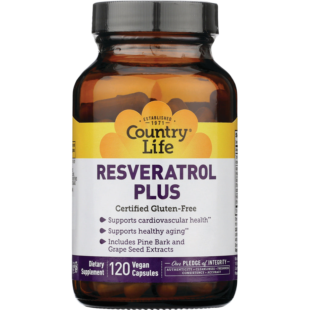 CRL396 | Country Life Resveratrol Plus amber bottle front label Certified Gluten-Free 120 Vegan Capsules - Thumbnail