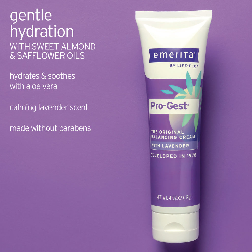 EMR032 | Emerita Pro-Gest balancing cream tube with lavender on purple background and product feature text - Thumbnail