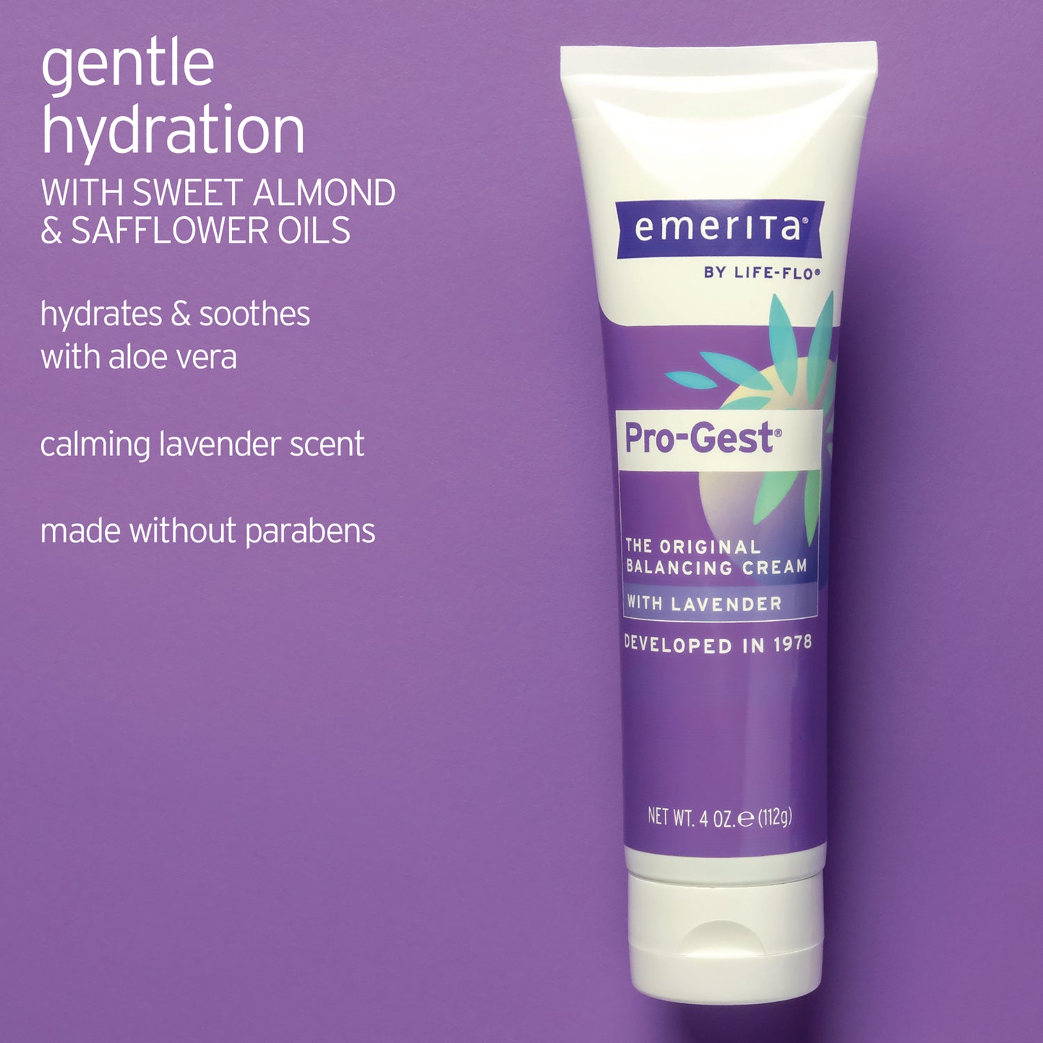EMR032 | Emerita Pro-Gest balancing cream tube with lavender on purple background and product feature text
