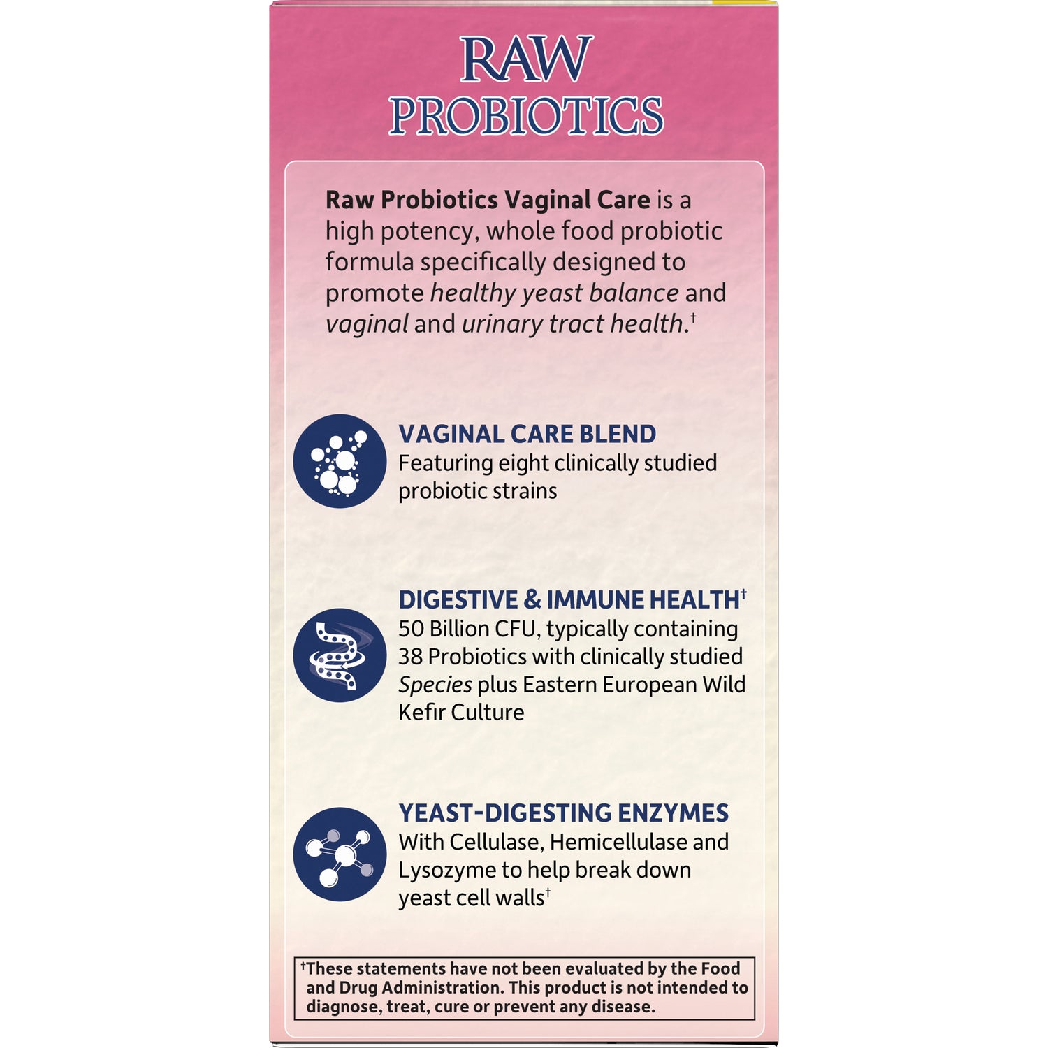GLF365 | Raw Probiotics product infographic listing vaginal care blend, digestive and immune health, and yeast-digesting enzymes