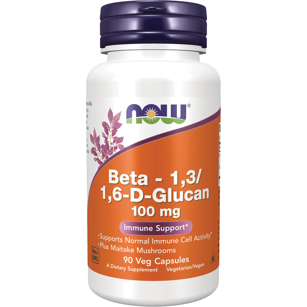NWF185 | NOW Beta-1,3/1,6-D-Glucan 100 mg supplement bottle front label showing Immune Support and 90 Veg Capsules - Thumbnail