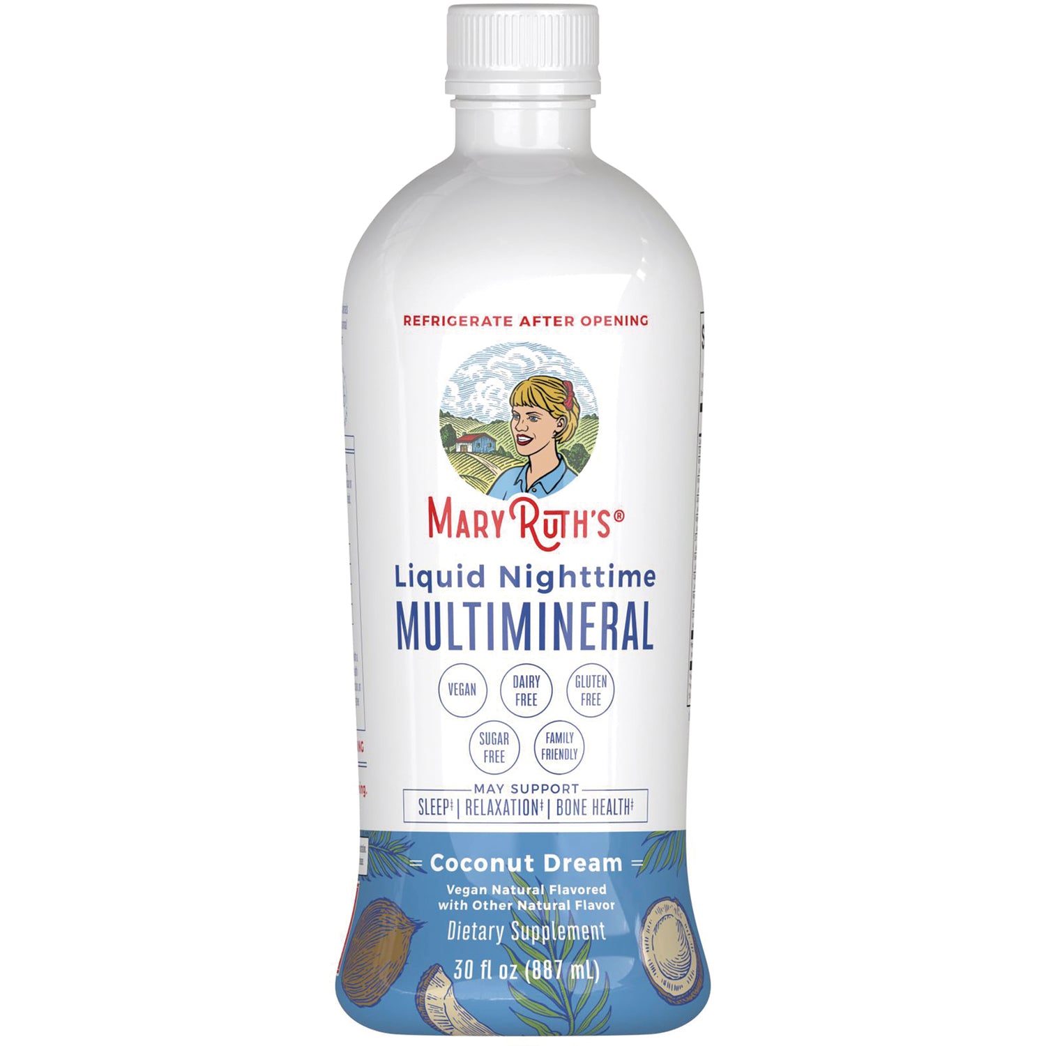 MRR021 | MaryRuth's Liquid Nighttime Multimineral Coconut Dream 30 fl oz bottle with white label and blue base