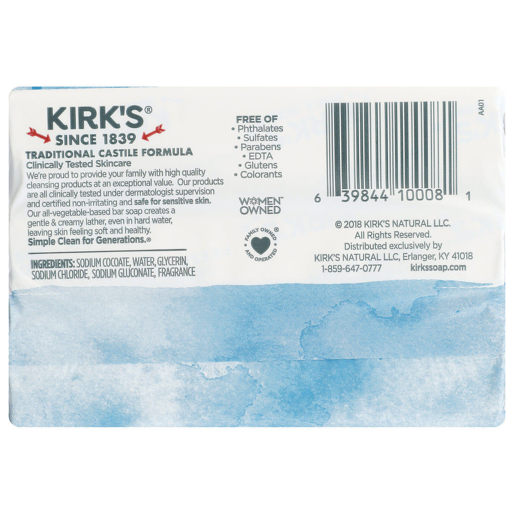 KIR012 | Back of Kirk's soap packaging showing ingredients, free-of claims and barcode - Thumbnail