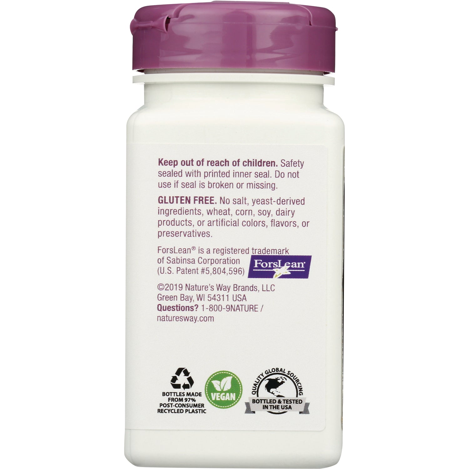 NW868 | Back label of white supplement bottle with Keep out of reach of children warning, gluten free statement, contact info, and vegan and recycling icons