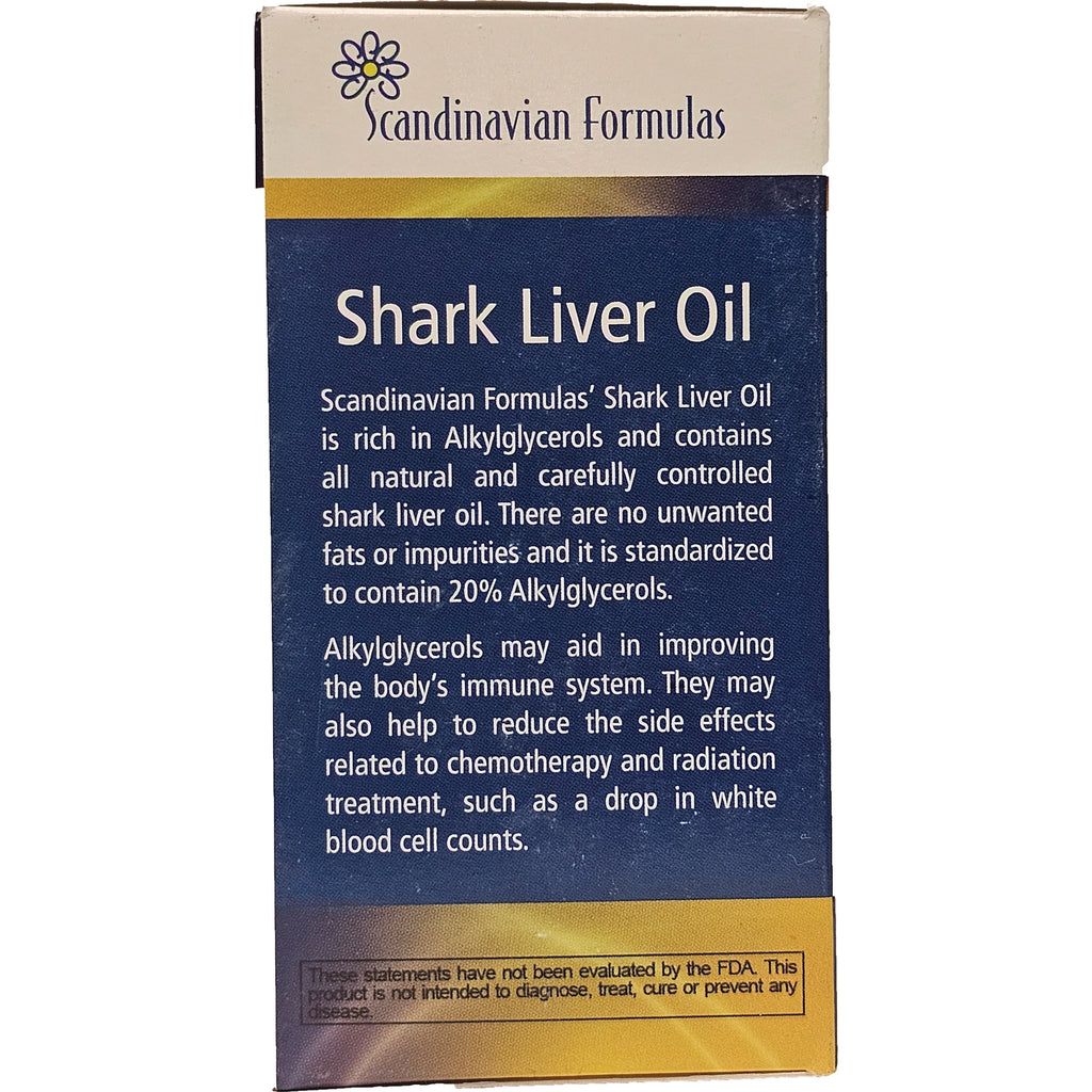 SCD005 | Back panel of Scandinavian Formulas Shark Liver Oil box showing product description and claims - Thumbnail