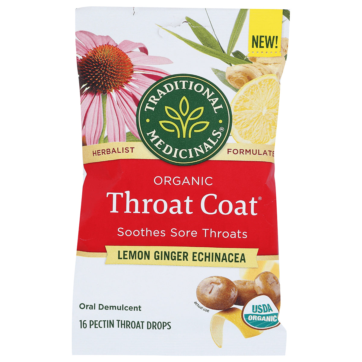 TMD052 | Traditional Medicinals Organic Throat Coat lemon ginger echinacea throat drops, 16 count