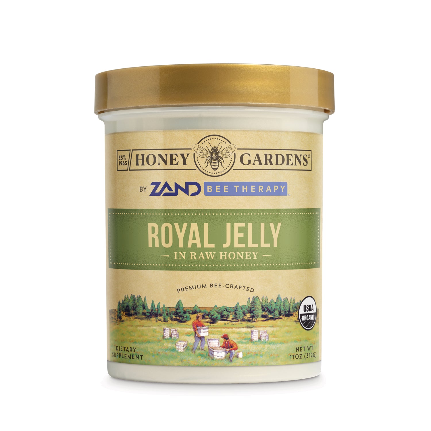 HGR008 | Honey Gardens Royal Jelly in raw honey tub with gold lid and USDA Organic badge