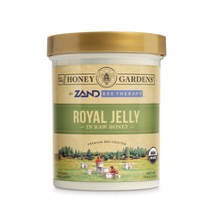 HGR008 | Honey Gardens Royal Jelly in raw honey tub with gold lid and USDA Organic badge