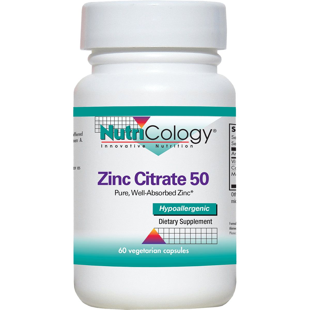NCL022 | NutriCology Zinc Citrate 50 white bottle labeled Hypoallergenic dietary supplement 60 vegetarian capsules
