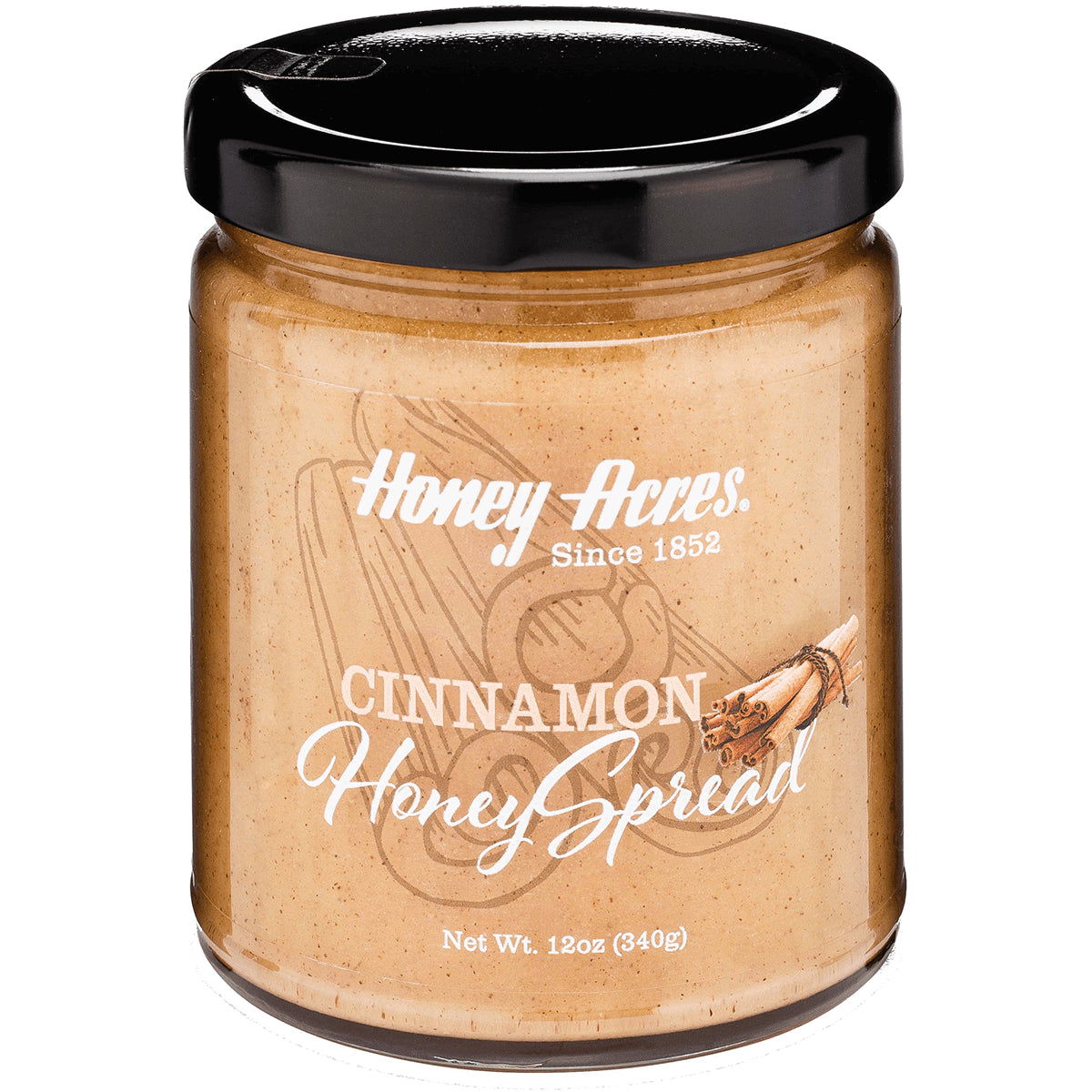 HAC002 | Glass jar of Honey Acres cinnamon honey spread with black lid labeled CINNAMON Honey Spread 12oz (340g)