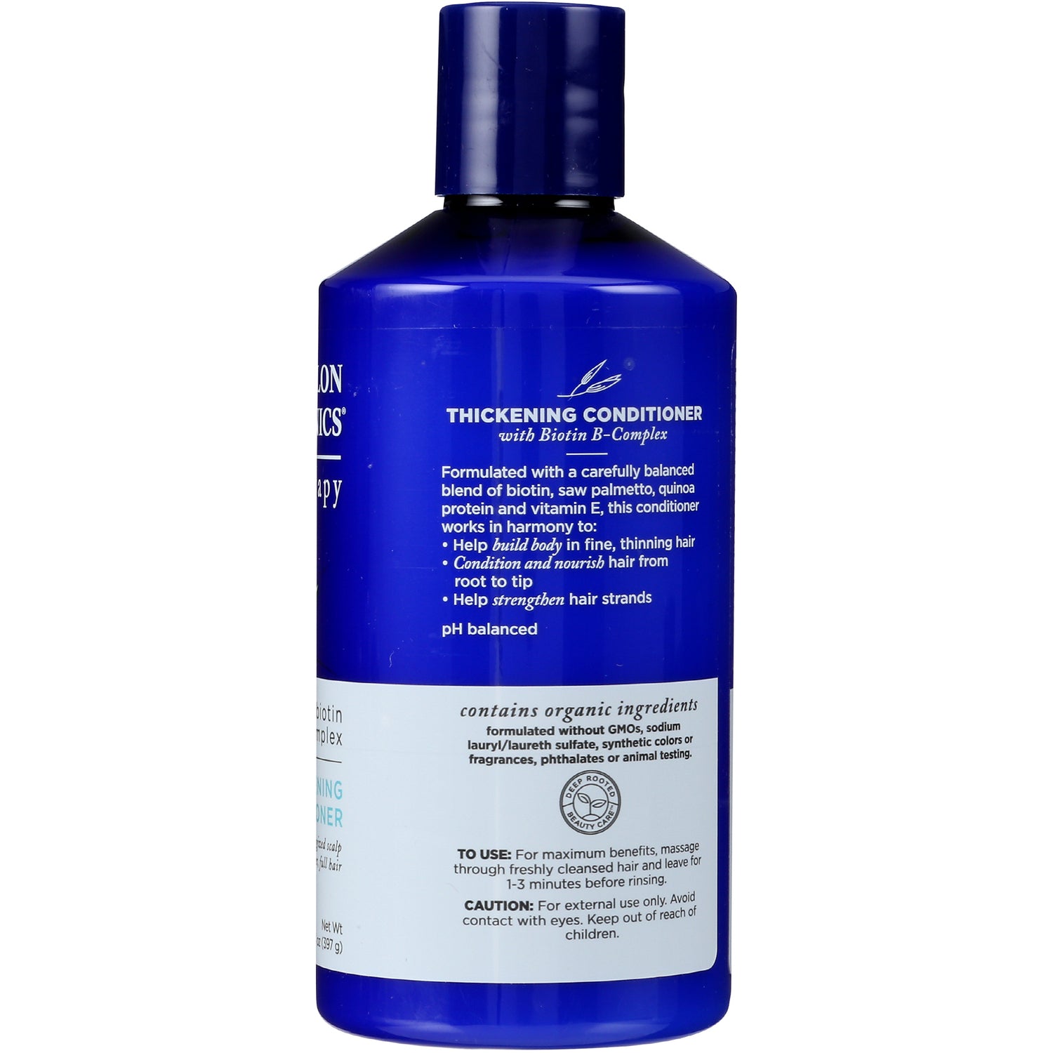 AVL015 | back of blue thickening conditioner bottle showing ingredients, directions and caution text