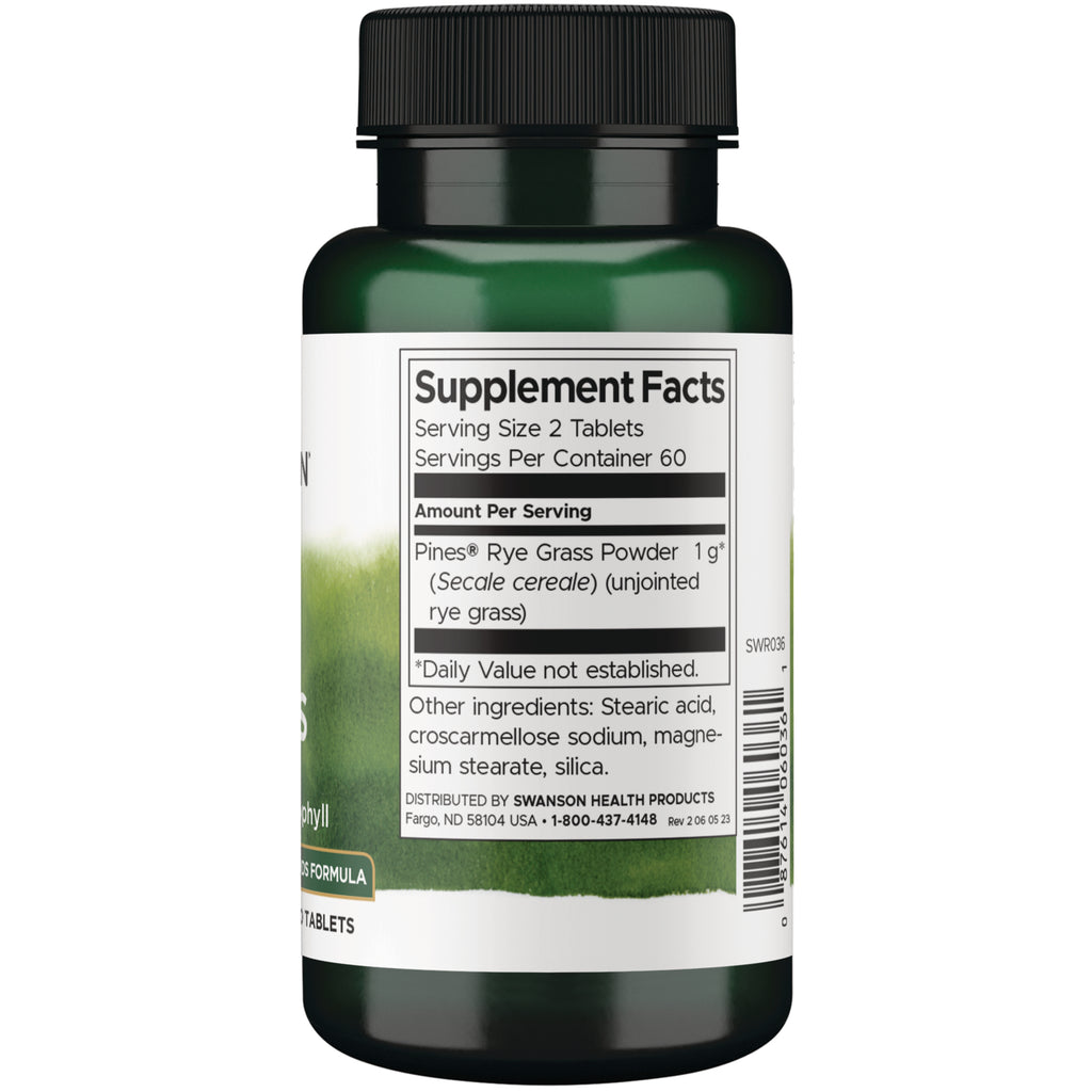 SWR036 | Back of Swanson supplement bottle showing Supplement Facts for rye grass tablets and ingredients panel - Thumbnail