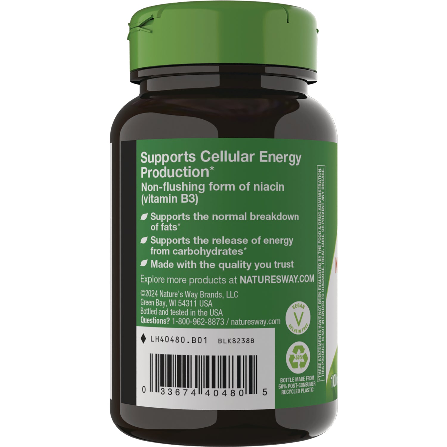 NW328 | Back label of brown supplement bottle reading Supports Cellular Energy Production, bullet benefits, barcode and contact info