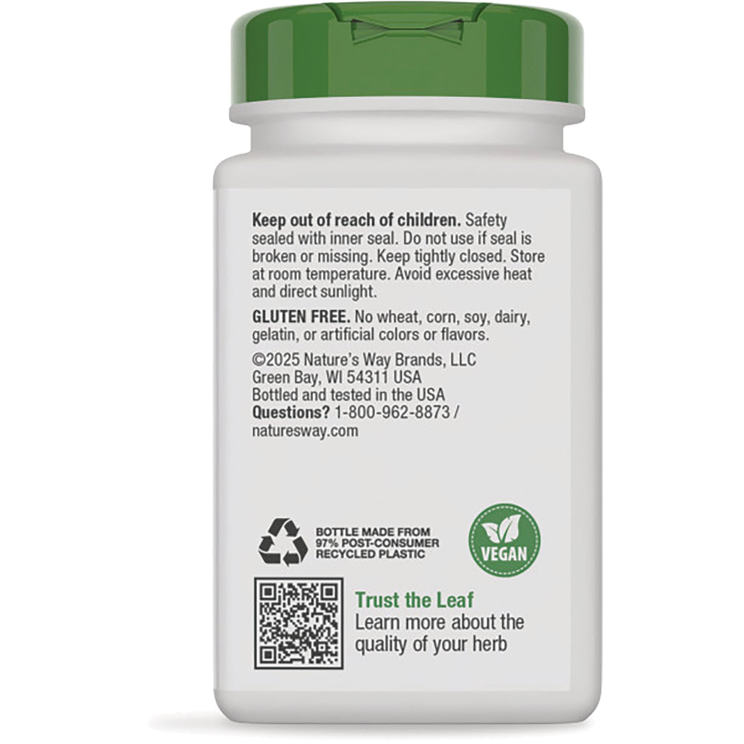 NW127 | Back label showing safety notice, gluten free claim, vegan icon, recycling symbol and QR code