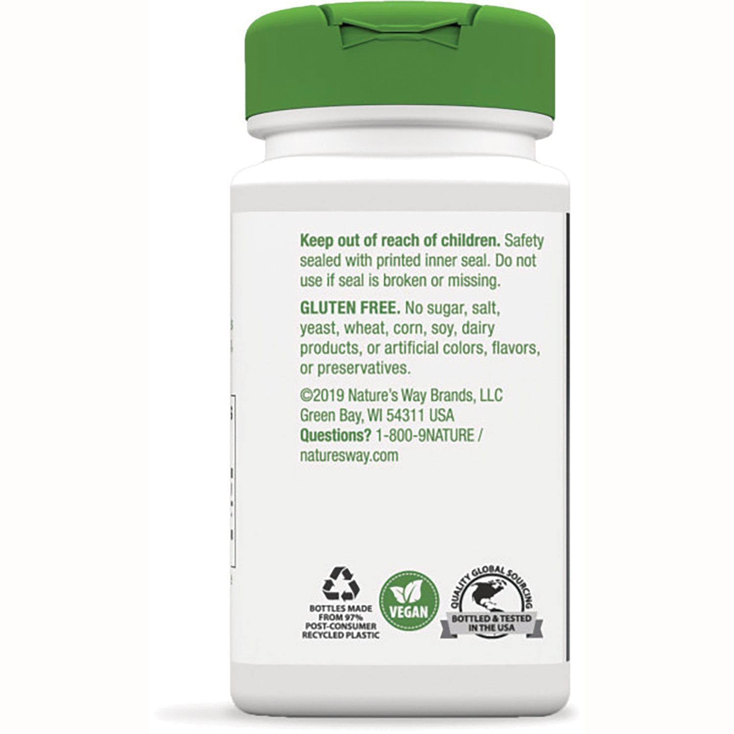 NW930 | Back of white supplement bottle with green cap showing gluten free text, vegan and recycling icons, and contact info