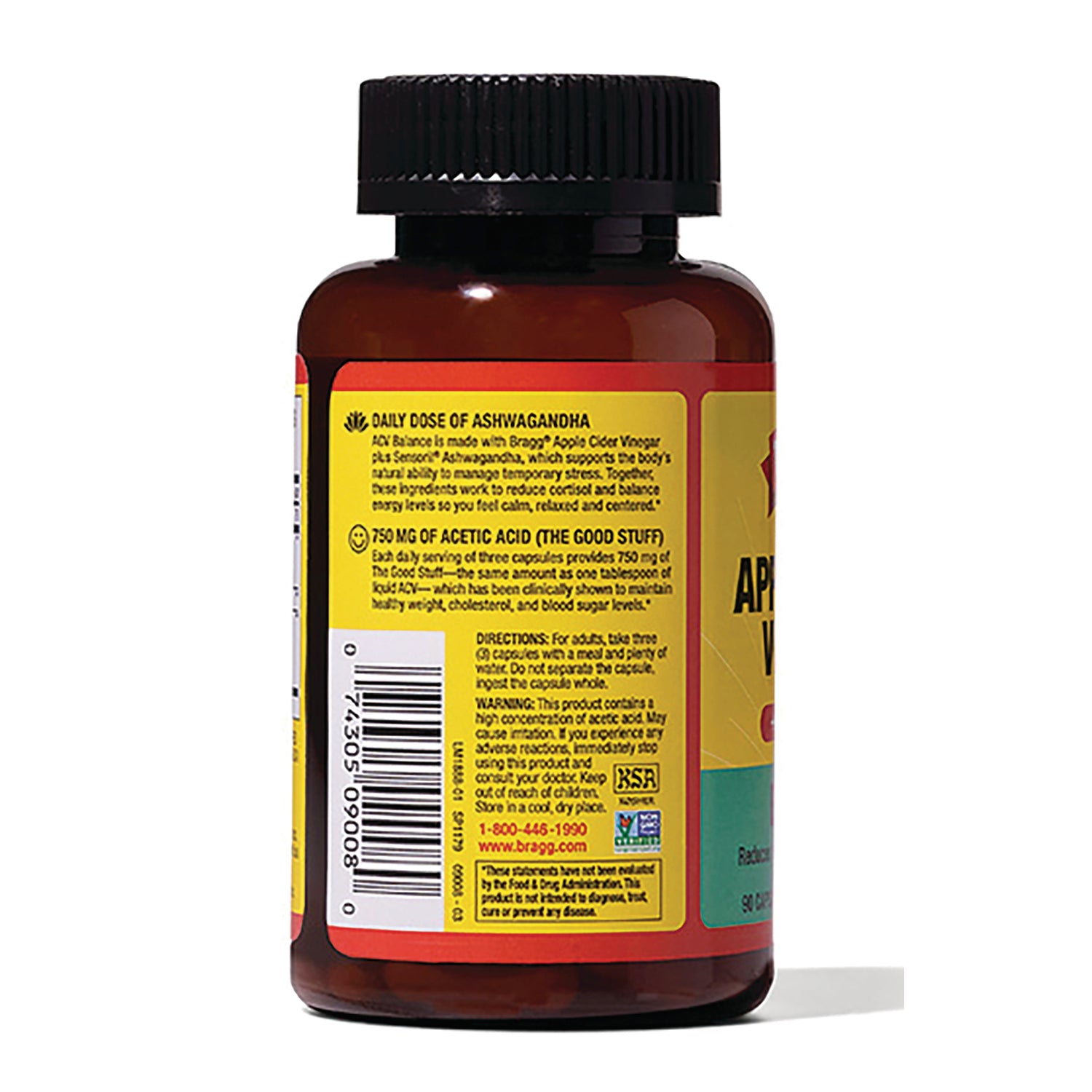 BR019 | brown supplement bottle showing back yellow label with Daily Dose of Ashwagandha text, barcode and directions
