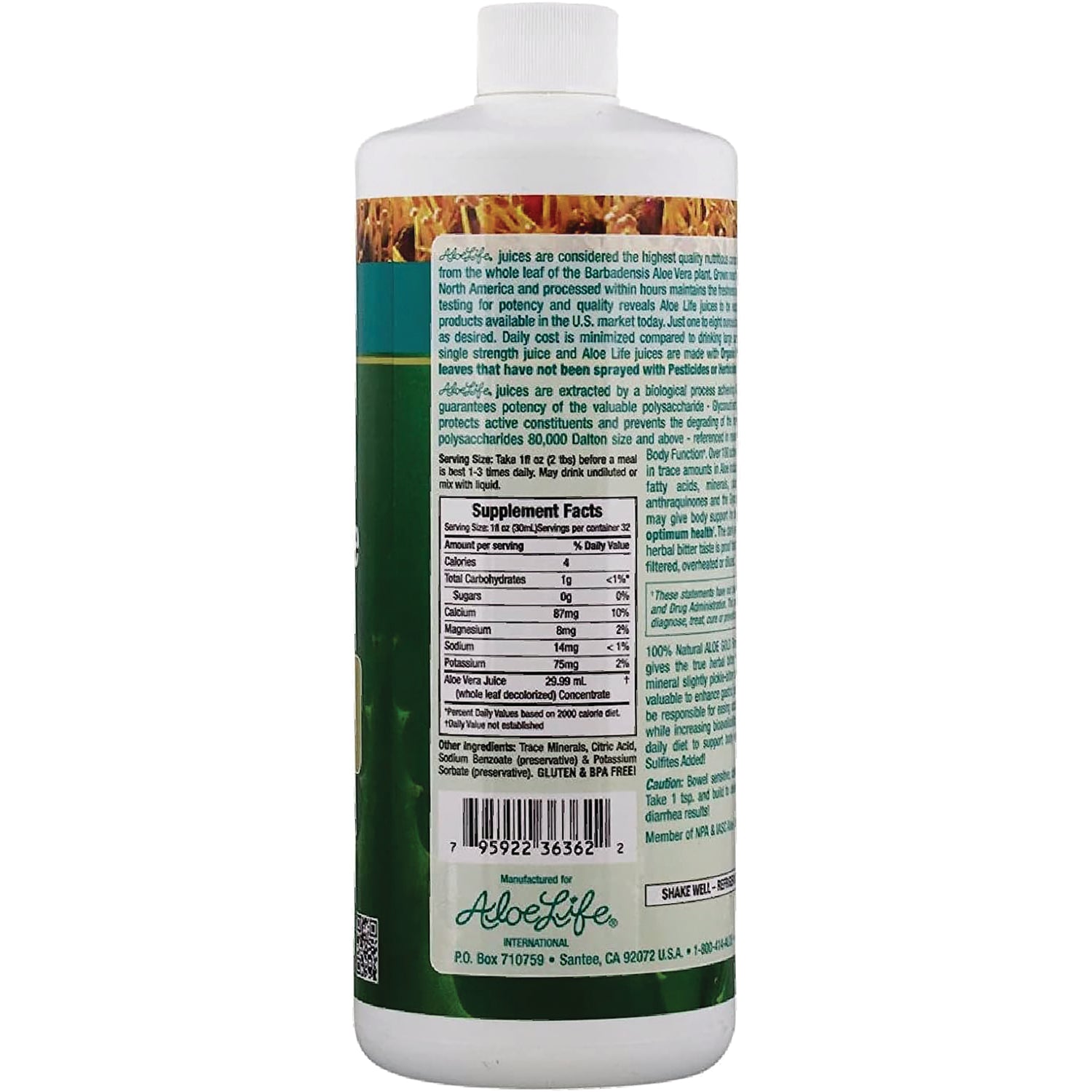 ALI001 | Back label with Supplement Facts, ingredients, barcode, and AloeLife aloe vera juice details