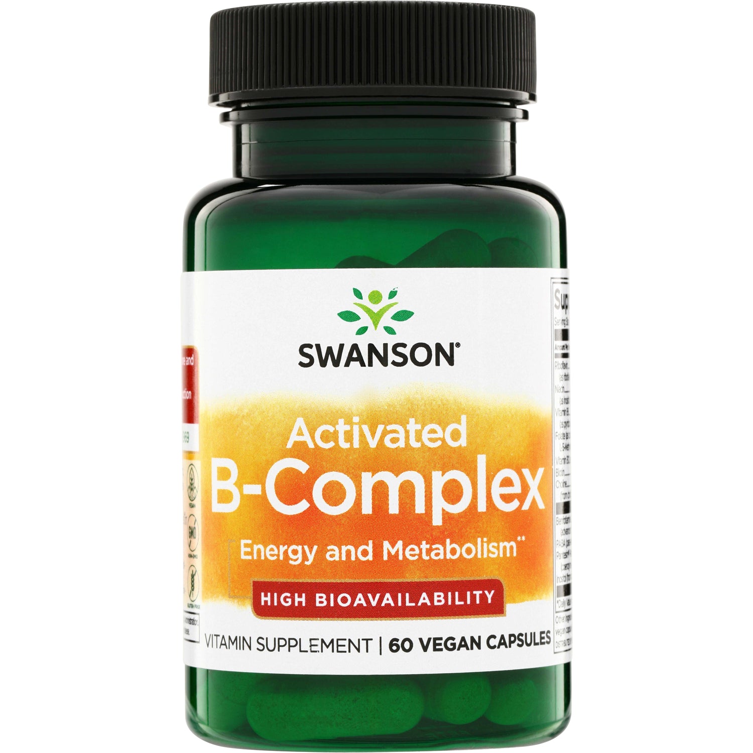 SWU815 | Swanson Activated B-Complex bottle label, Energy and Metabolism, 60 vegan capsules