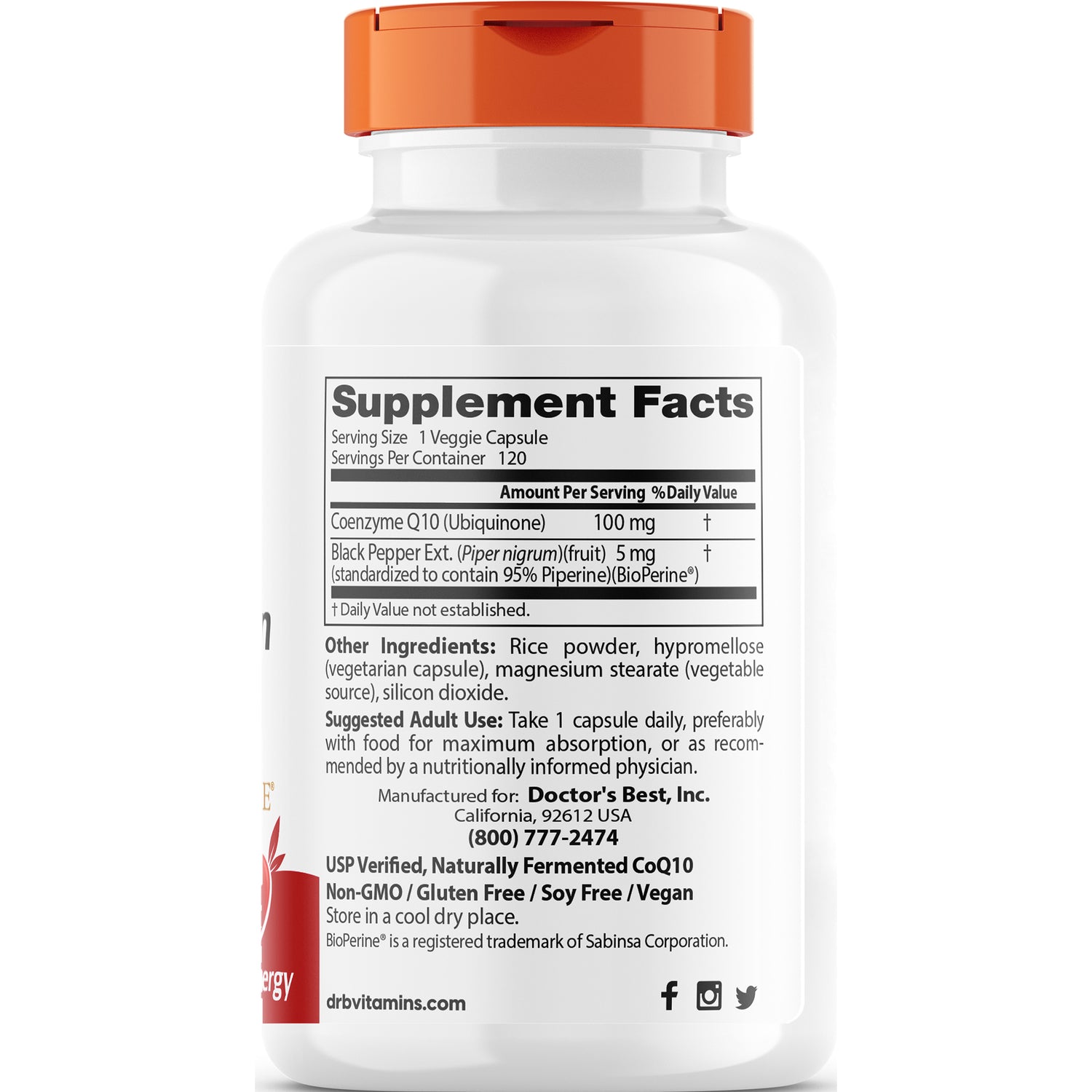 DB157 | Back of white supplement bottle showing Supplement Facts panel, ingredients, suggested use and manufacturer information