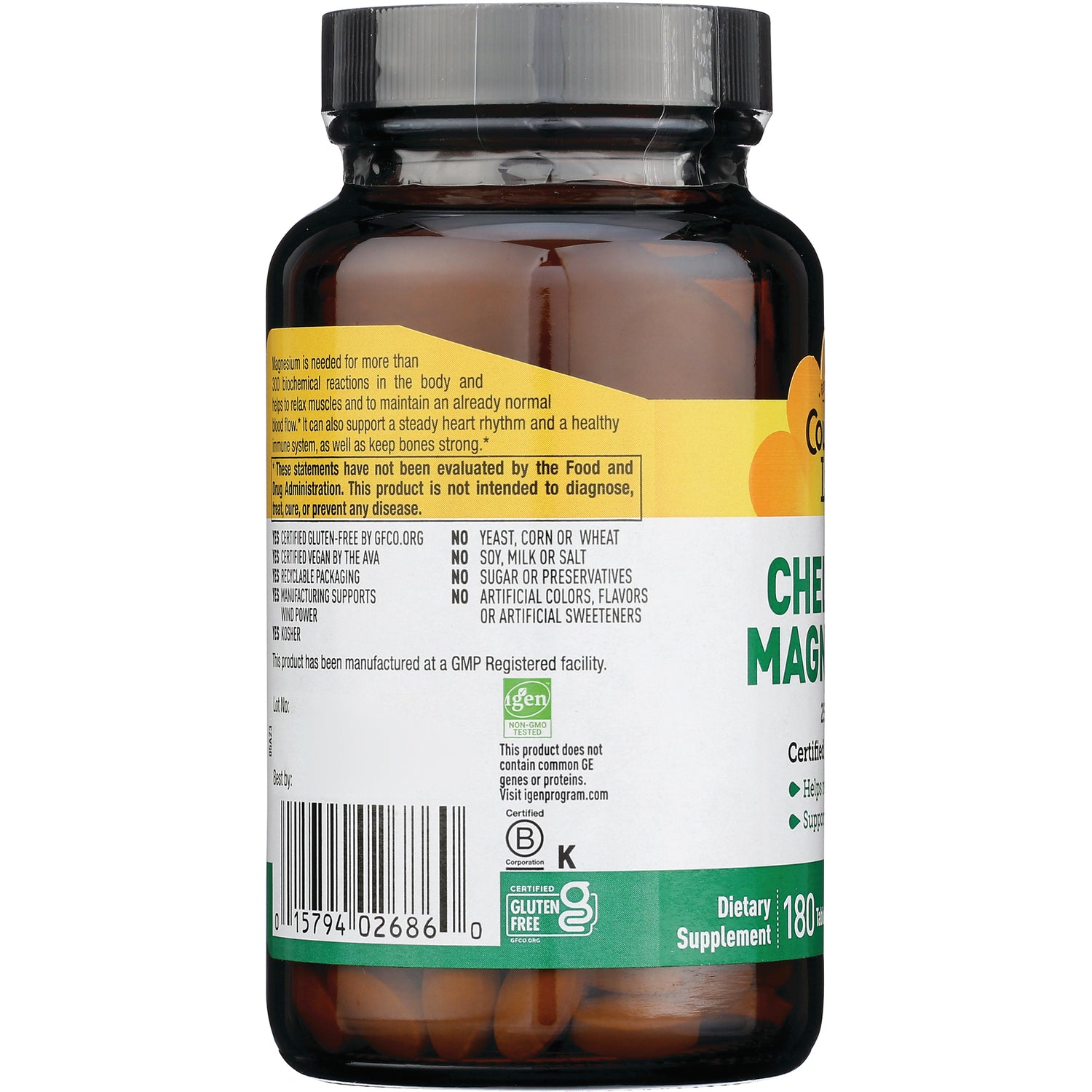 CRL203 | Back of brown supplement bottle showing ingredient panel, barcode, gluten free badge and visible capsules